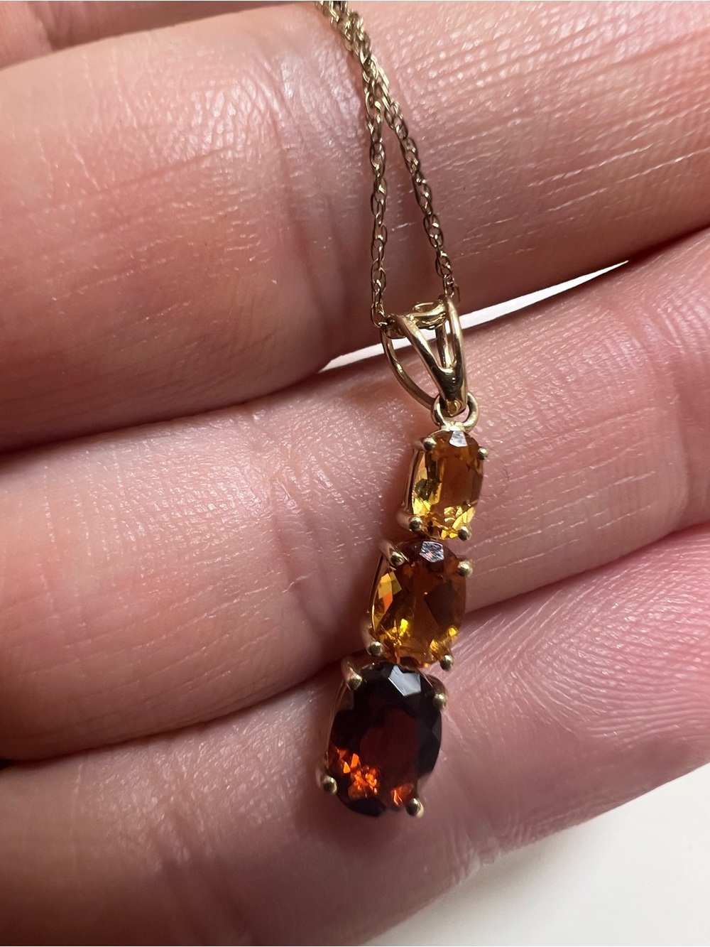 10K Yellow Gold Pendant Necklace with Three Citrine-Colored Stones